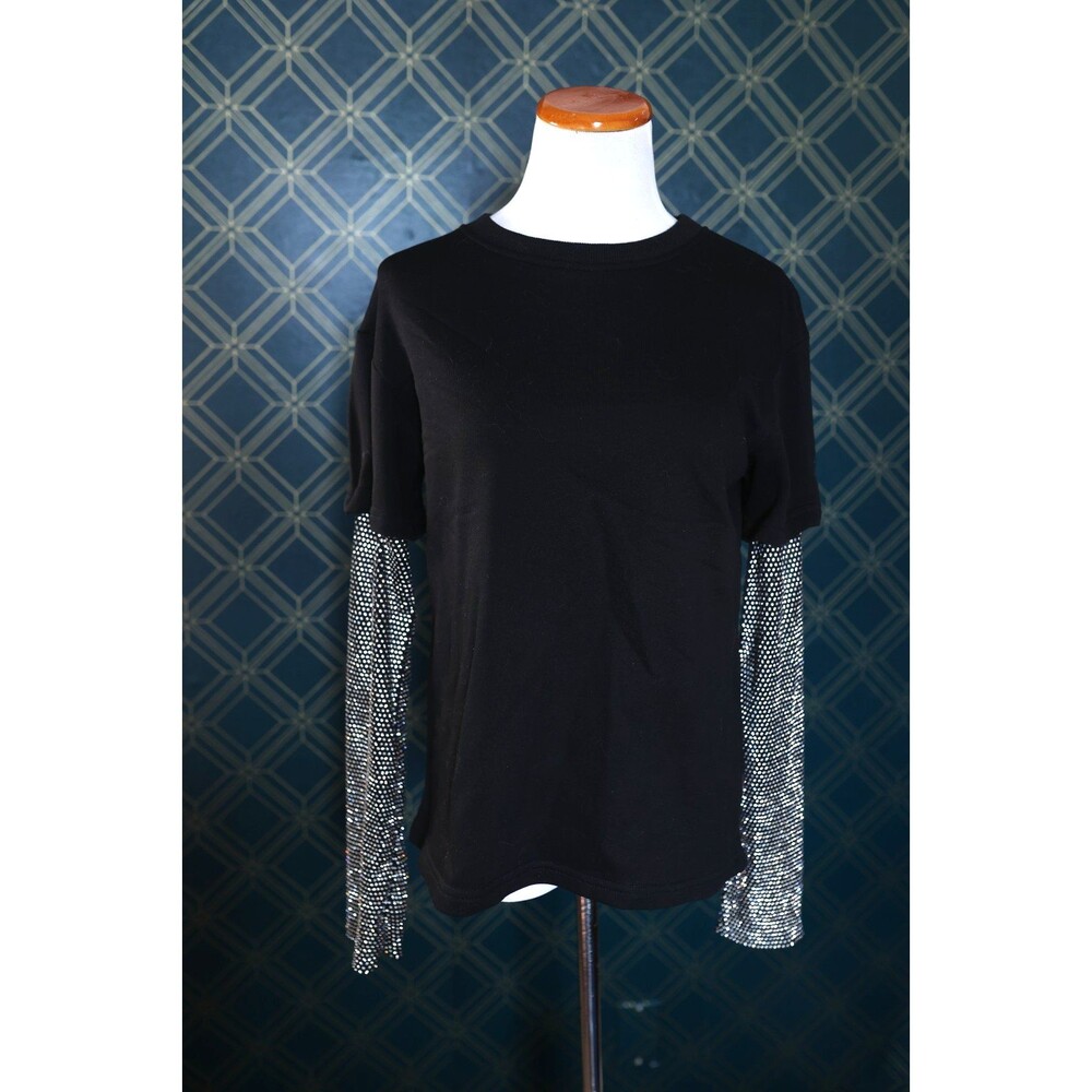 Women's Black Beaded Fishnet Rhinestone Long Sleeve Shirt Grunge Glam